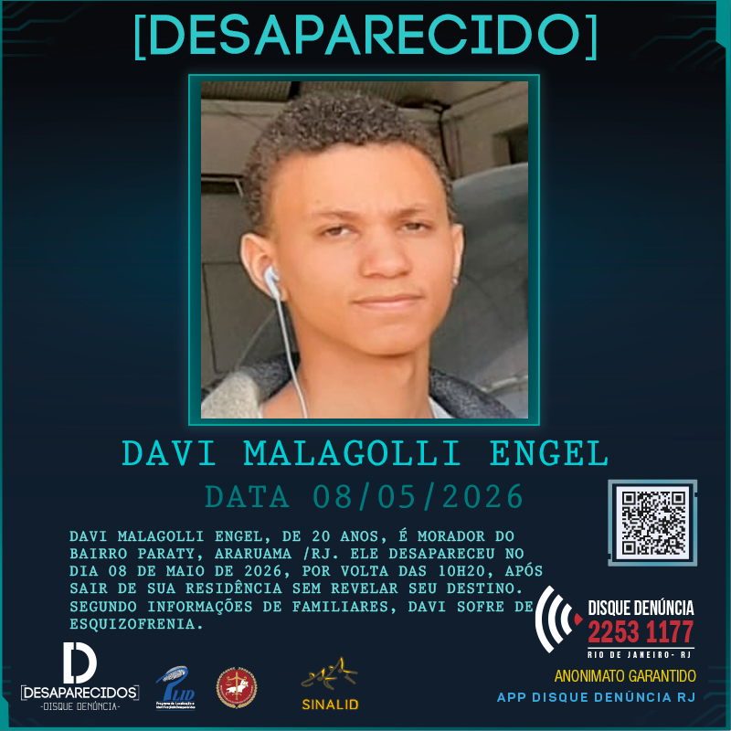 Disque Denúncia pede informações sobre o paradeiro de jovem desaparecido em Araruama